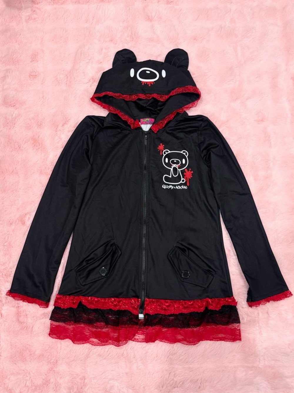 Gloomy Bear x ACDC Rag Black and Red Lace Zip Jacket - Picture 2 of 8